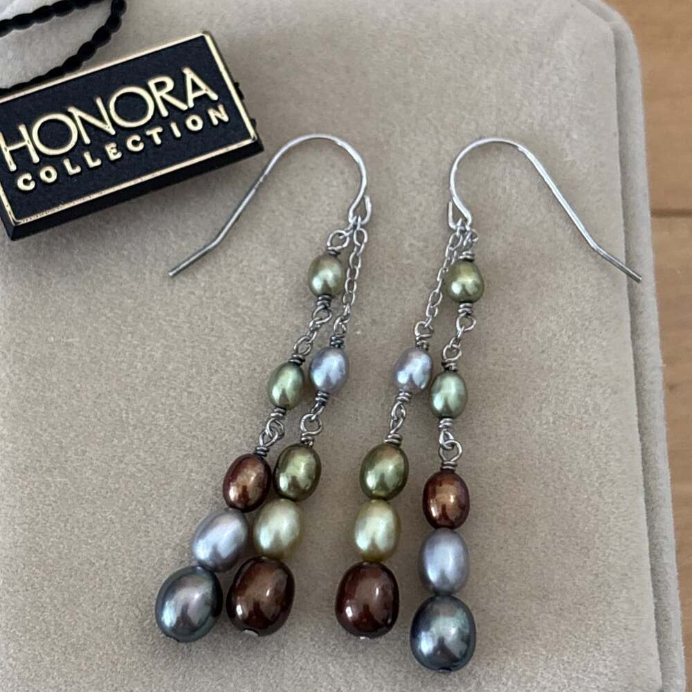 Honora Sterling Silver Dangle Earrings 7mm Multi Color Pearls Bronze Green Gray